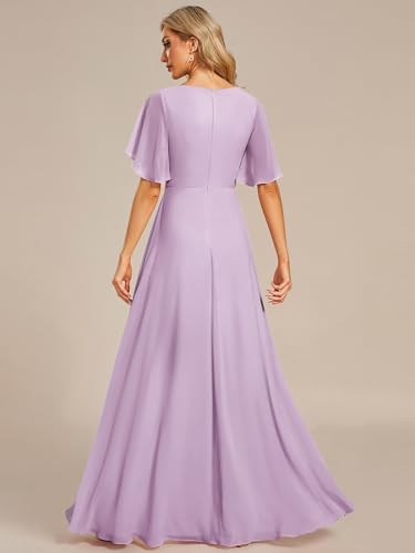 Image of Ever-Pretty Womens V Neck Applique Mother of the Bride Dresses Formal Dress | Chiffon, Short Sleeves, Ruched, A-Line, Bridesmaid Dresses, Formal Gown, Black Tie Dress