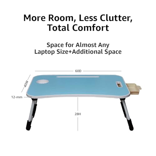 Image of Amazon Basics Engineered Wood Foldable Laptop Table with Cup Holder, Tablet Groove and Mini Drawer (60L x 40W x 26H cm, Blue)