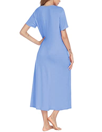 Ekouaer Loungewear Womens V Neck Sleepwear Short Sleeve Sleep Dress Full Length Nightgown Clear Blue S #TOP4