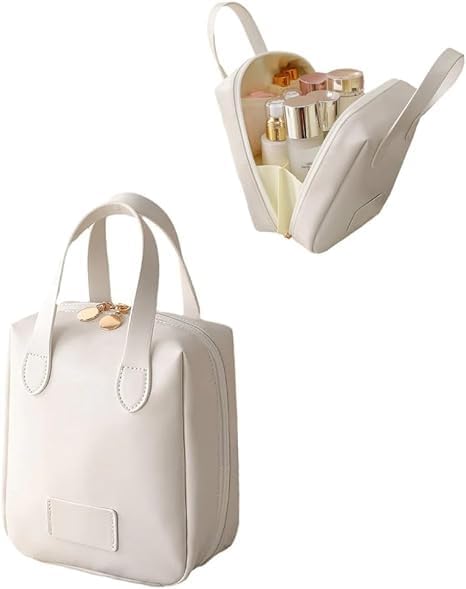 PROSFIA Travel Makeup Bag for Women,Large Capacity Hand Held Makeup Bag,Toiletry Bag Open Cosmetic Bag, Makeup Organizer with Divider Portable Premium Makeup Bag (White)-image-12