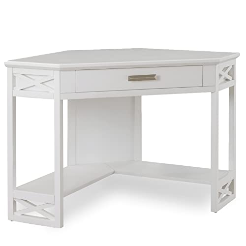 Leick Home Sage Corner Office Desk, Solid Wood, with Drop Front Keyboard Drawer, White, 85430