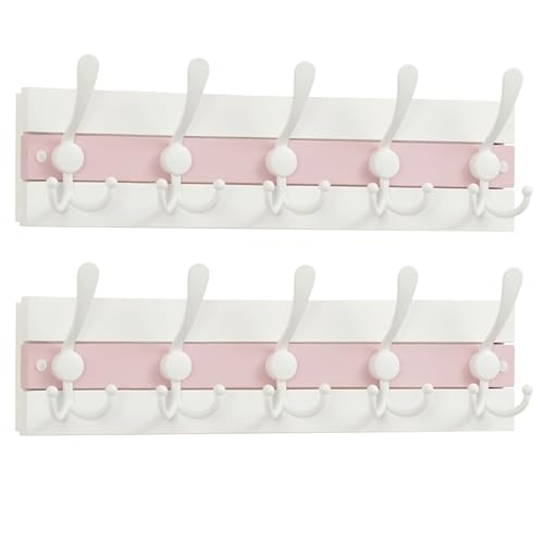 Image of SKOLOO Coastal Wall Mounted Coat Rack-16.88 inch Beach House Entryway Wooden Coat Hook with 5 Hooks for Hanging Coats, Hats or Towels, Oceanfront Cottage Core Collection, White&Palm Beach Pink, Pack of 2