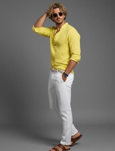 Image of Men's Cotton Blend Straight Kurta Shirt with Mandarin Collar - Slim Fit Casual Short Kurti Featuring Textured Slub Fabric and Roll-Up Full Sleeves