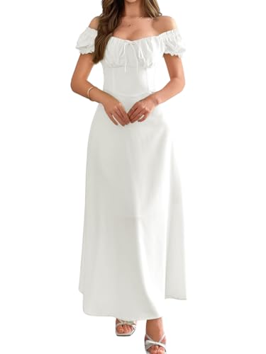 ChiaoLezhee Off Shoulder Maxi Dress Flowy A Line Spring Tea Party Wedding Guest Square Neck Drop Waist Renaissance Vintage Pastel Picnic Milkmaid Cute Garden Corset Women Bride Bridal White Small