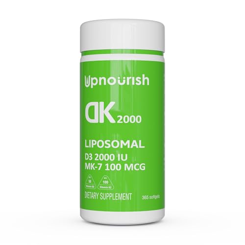 UpNourish Liposomal Vitamin D3 K2 2000 IU with K2 MK-7 100 mcg - 365 Vitamin D3 k2 (Vitamina D3 con K2) Mini Softgels with Organic Coconut Oil - Easy to Swallow K2 D3 Vitamin Supplement