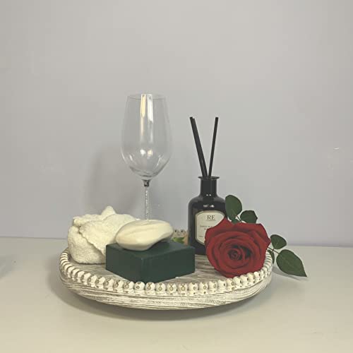 Lazy Susan, Vintage Rotating Wood Spice Rack Pallet, Rustic Farmhouse White Beaded Wooden Round Lazy Susan Turntable Serving Spinning Display Tray Organizer Stand Cosmetic Storage,12 In #TOP3