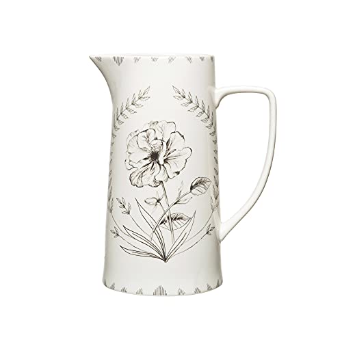Creative Co-Op Stoneware Floral Image Pitcher, 10", White & Black #TOP9