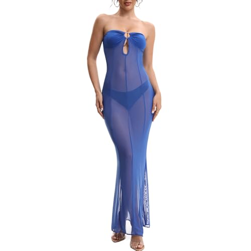 Image of Sexy Sheer Mesh Dresses for Women See Through Maxi Dress Strapless Tube Top Night Party