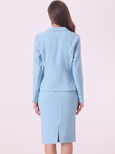 Chic Light Blue Women Office Skirt Sets: Allegra K 2-Piece Tweed Trim Blazer and Pencil Skirt for Professional Elegance in X-Small - Image 4