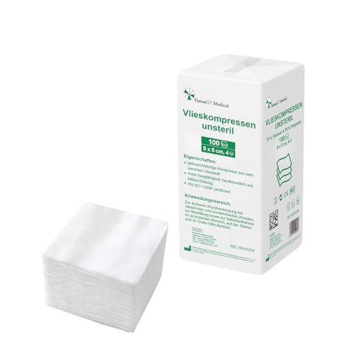 HansaGT Medical Kompresy z włókniny, niesterylne, 5 x 5 cm, 100 sztuk, 4 warstwy, nakładka na rany, nieprzywierająca, kompresy z gazy, kompresy ssące, materiał opatrunkowy (5 cm x 5 cm)