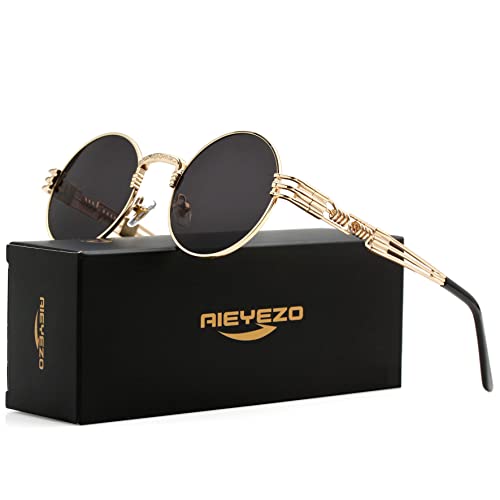 AIEYEZO Round Steampunk Sunglasses John Lennon Hippie Glasses Metal Frame 100% UV Blocking Lens (Gold Grey)
