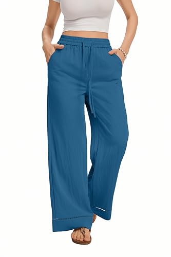 Image of KICZOY Women Flowy Pants Drawstring Waist Wide Leg Palazzo Beach Pants Loose Fit with Pockets