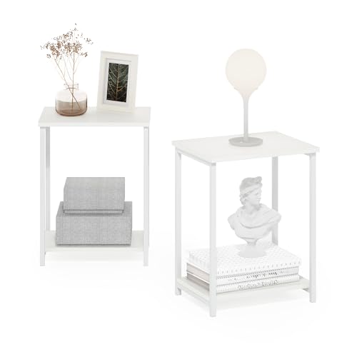 Image of Furinno Simplistic Side Table Set of 2, 2-Tier Modern Metal Frame End Table with Open Shelf, Night Stand, Bedside Table, Easy Assembly, for Living Room, Bedroom, White