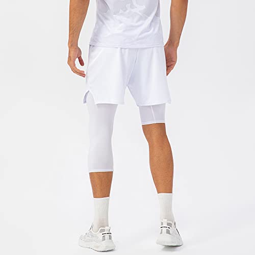One Leg Compression Tights For Men,Men's Compression Basketball Tights Athletic Leggings With Pockets Running Base Layer Active Underwear Breathable Quick Dry(White,S) #TOP2