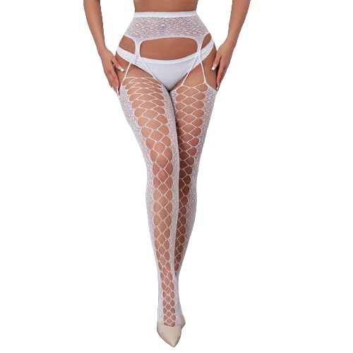 Fashion Nature™ Women Fishnet Suspender Stretchy Tights Stockings which Glow in the Dark (Design 5569) White Color with Green Flourecent-image-38