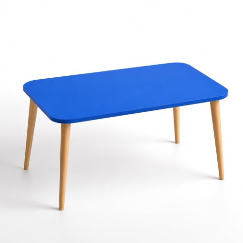 Image of Wooden Foldable Coffee Table - Rectangular Center Tea Table for Living Room & Bedroom, Easy Assembly with Solid Wooden Legs (Blue)