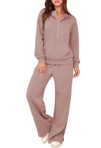 Pink Queen Women's 2 Piece Lounge Sets Half Zip Hooded Sweatshirt and Wide Leg Sweatpants Sweatsuit Tracksuit Matching Set
