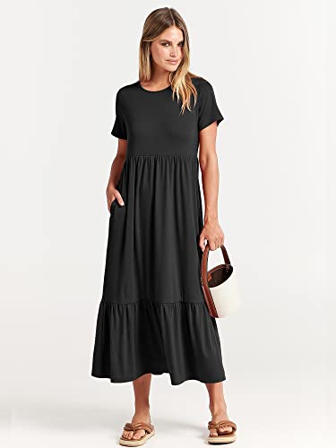 Anrabess Women's Summer Casual Short Sleeve Crewneck Swing Dress Casual Flowy Tiered Maxi Beach Dress With Pockets 727Heise-L Black #TOP5