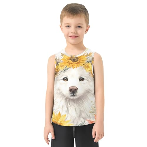 Boys' Tank Top Shirt Samoyed Dog Sunflower Autumn Leaves Sleeveless T-Shirts2