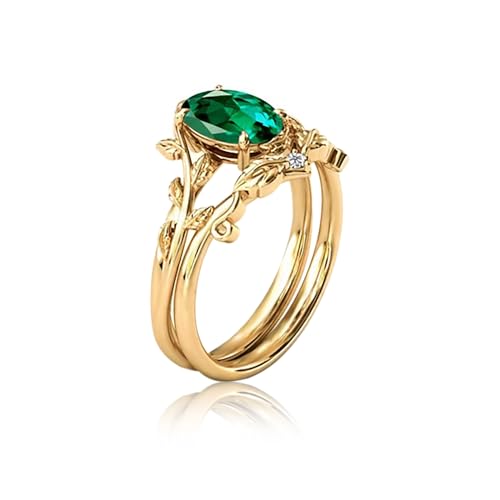 10K 14K 18K Solid Gold Gemstone Engagement Ring Set for Women Leaf Art Deco Ring Set Oval Cut Gemstone Bridal Wedding Ring Set with Natural Diamond3