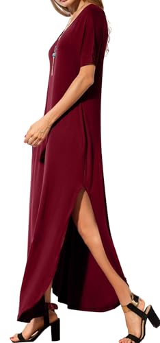 Image of GRECERELLE Women's Summer Maxi Dress Casual Loose V Neck Short Sleeve Side Split Long Dresses with Functional Pockets