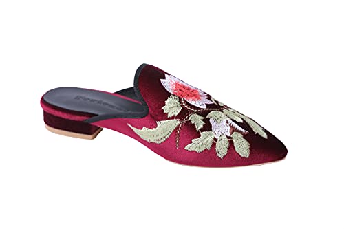Image of Fericzot Women's Velvet Backless Pointed Toe Slip On Loafers Flats Embroidery Mule Slippers Shoes
