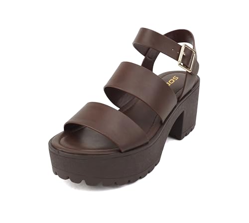 Image of Soda ACCOUNT ~ Women Open Toe Two Bands Lug sole Fashion Block Heel Sandals with Adjustable Ankle Strap