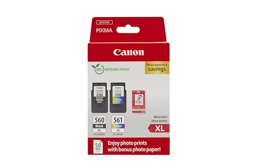 Canon Tinta y Papel Multipack - PG-560XL/CL-561XL Cartuchos de Tinta Genuinos 2 Pack (1 x Negro XL, 1 x Color XL) & Papel Fotográfico 4x6 (50 x Hojas)