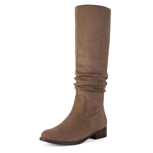 Shoe'N Tale Women's Knee High Boots Flat Low Heel Slouch Pointed Toe Winter Shoes with Side Zipper(8,Taupe)