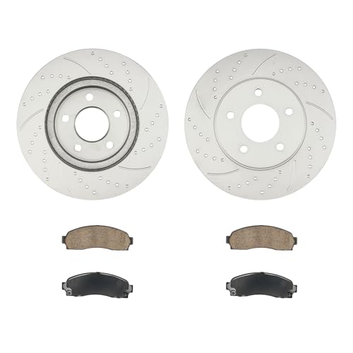 Image of KAX Front Brake Kit, Drilled and Slotted Brake Rotors, Ceramic Brake Pads | Fits Saturn Vue 2002-2007, Chevrolet Equinox 2005-2006, Pontiac Torrent 2006, Automotive Replacement Brake Kit