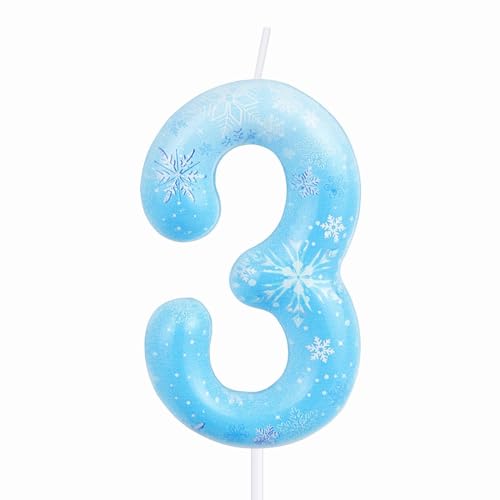 Velas de cumpleaños con número de copo de nieve, vela de cumpleaños 3 azul y blanco para tartas de niñas, velas de número 3 congeladas, decoración de pastel de nieve congelada blanca para decoraciones