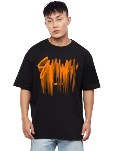 Image of LEOTUDE Men Half Sleeve Round Neck Graphic Font Printed Cottonblend Oversized Tshirts (Colour: Orange)