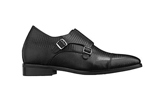 CALTO Men's Invisible Height Increasing Elevator Shoes - Black Leather Slip-on Dual Monk Straps Formal Loafers- 2.8 Inches Taller - K3114 - Size 10 D(M) US2