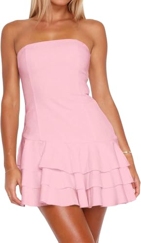 Women Sexy Strapless Tube Dress Ruffle Tiered Mini Dresses Summer Off Shoulder Layered Dress Flowy Short Dresses 2025