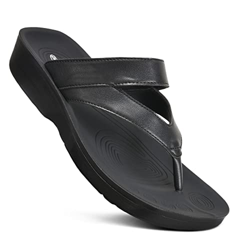 Image of AEROTHOTIC Comfy Arch Support flip flops for women Split Toe Stylish Cushioned Strap with non-slip footbed Walking Dressy Sandals Indoor and Outdoor (Glen Black, US Footwear Size System, Adult, Women, Numeric, Medium, 9)