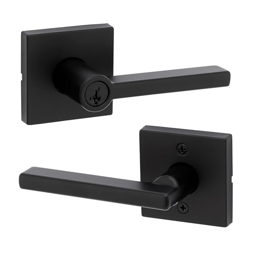 Image of Kwikset Halifax Keyed Storeroom Entry Door Handle with Lock and Key, Secure Keyed Reversible Lever Exterior, Front Entrance and Bedrooms, Matte Black, Pick Resistant SMT Rekey Security and Microban