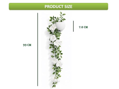 Image of Blessence Set of 2 Artificial Flower Creeper Hanging with Pot 99 cm, Ivy Vine Garland with Small Size Pot for Home Office Wall Shelf Table Living Room Decor (Green and White)