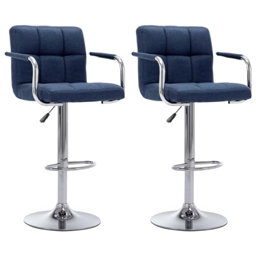 RuiNingRN Taburete de bar de tela azul con respaldo y reposapiés, altura regulable y giratoria, marco de acero cromado, ideal para cocina, comedor, bar y salón, diseño moderno