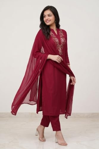 Image of Stylish Maroon Printed Anarkali Kurta and Pant Set for Women | Rayon Kurti with Chikankari Neckline & Chanderi Cotton Dupatta