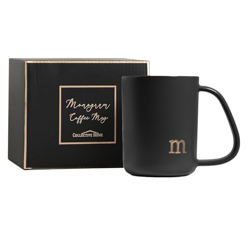 COLLECTIVE HOME - Ergonomic Handle Ceramic Mug, 15 oz Personalized Coffee Cup with Golden Initial, Microwave & Dishwasher Safe, Elegant Monogram Tea Mug in Gift Box for Home & Office (Black-m) - Image 3