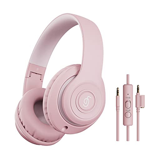FINGERTIME Kids Headphones, Foldable Stereo 3.5mm Wired Headphones, Toddler Headphones with Sharing Function,Volume Limiter 85/94dB, Headphones for Kids/Boy/Girl/Travel/Tablet (Pink)
