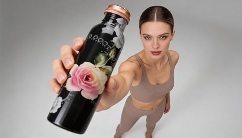 FURNISHFUL FINESSE Copper Water Bottle 32 Ounce Ayurvedic Pure Coppers Vessel with Jute Carry Bags Cu+2 Bottles 1000 ml - 1 Liter (Pack of 2, Black Floral)