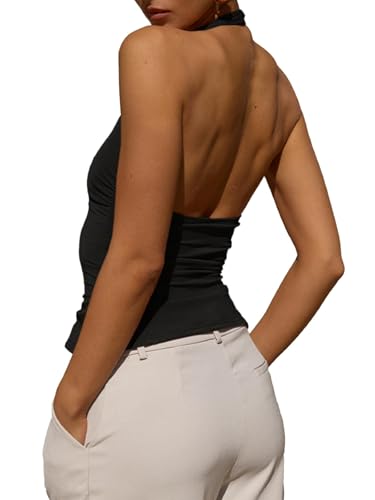 Tankaneo Womens Sexy Scoop Neck Halter Tops Backless Ruched Knit Tank Tops Summer Sleeveless Fitted Going Out Shirts2
