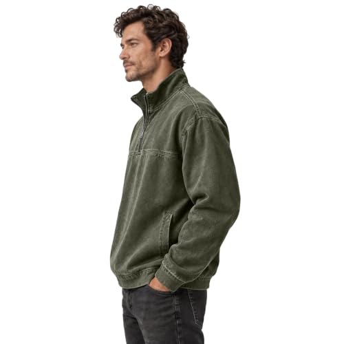 Denim Shirt Men Washed Retro Quarter Zip Pullover Shirt with Pockets - image 6