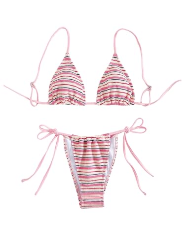 Image of GORGLITTER Women's Striped High Waisted Bikini Sets Cute Cheeky Triangle String Thong Swimsuit Bathing Suit 2 Piece