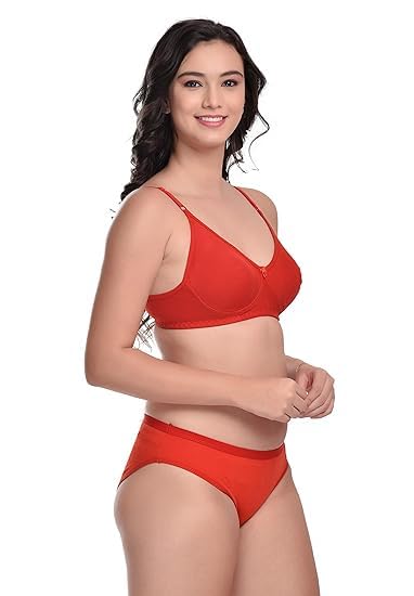 Image of Women's Cotton Lingerie Set with Full Coverage Bra and Hipster Panty, Non-Padded 1 Pair Lingerie Set