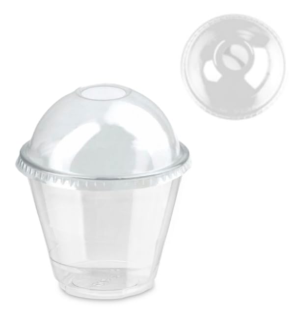 IMTINA 100 Vasos para Batidos, Granizados, Smoothies, Frappés, con Tapas Abovedadas, Transparentes, Reutilizables, 92mm, 100 Unidades (266 ml)
