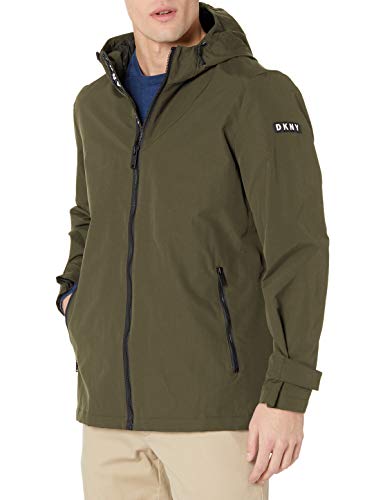 DKNY Men's Lightweight Water Resistant Taslan Hooded Rain Jacket, Olive, X-Large
