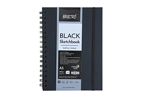 Image of BRUSTRO Technical Pen (Pack of 6) Black Sketchbook, Wiro Bound, Size A5, 200GSM (40 Sheets) 80 Pages