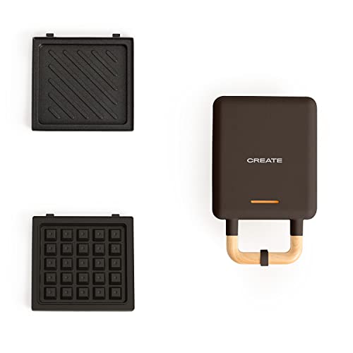 CREATE/STONE STUDIO/Appareil à croque-monsieur Noir / 2 plaques interchangeables : sandwich et gaufre, antiadhésif, 1 tranche, ouverture 100º, arrêt automatique, poignée cool-touch, 600W